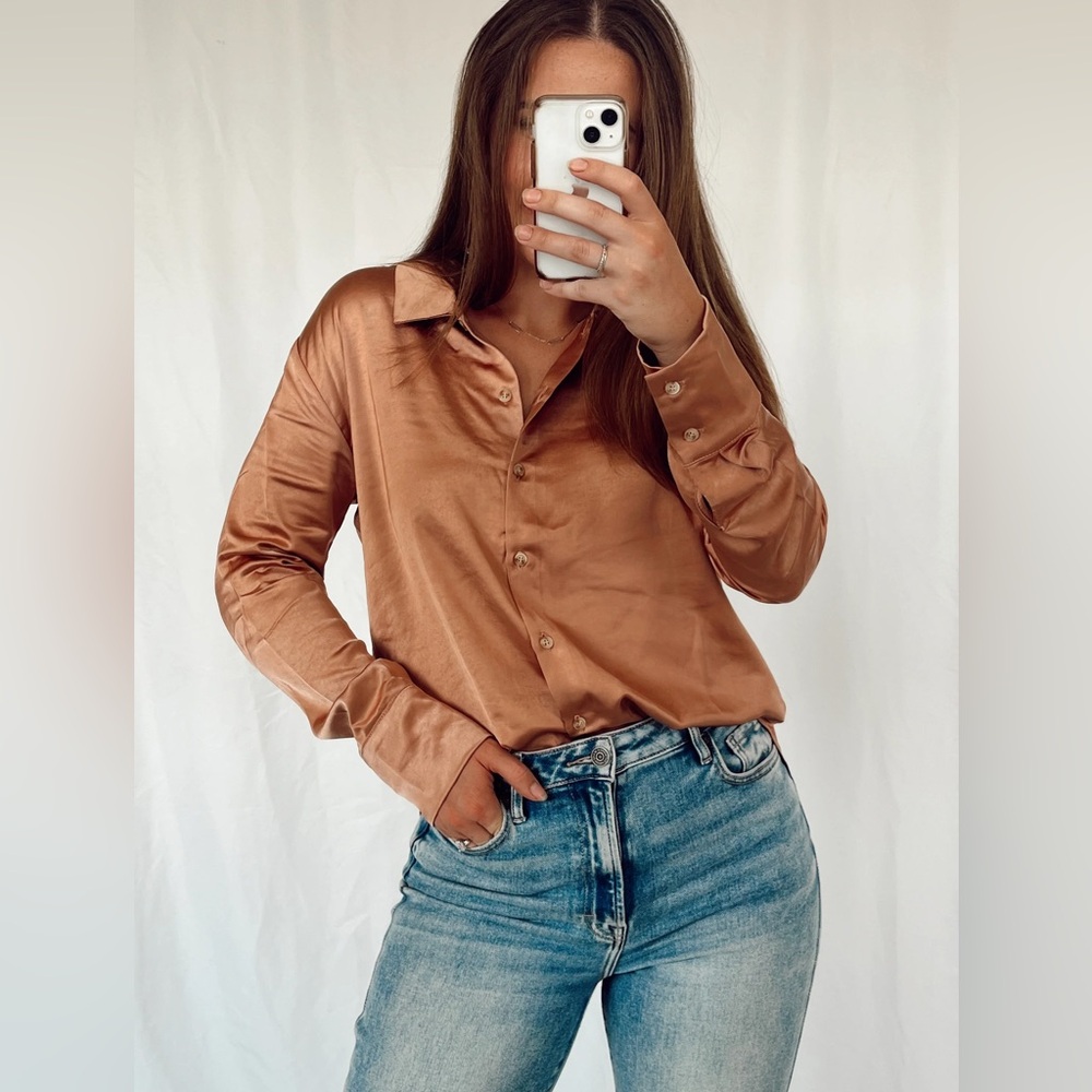 Abercrombie & Fitch Satin Brown Button Down Long Sleeve Shirt L